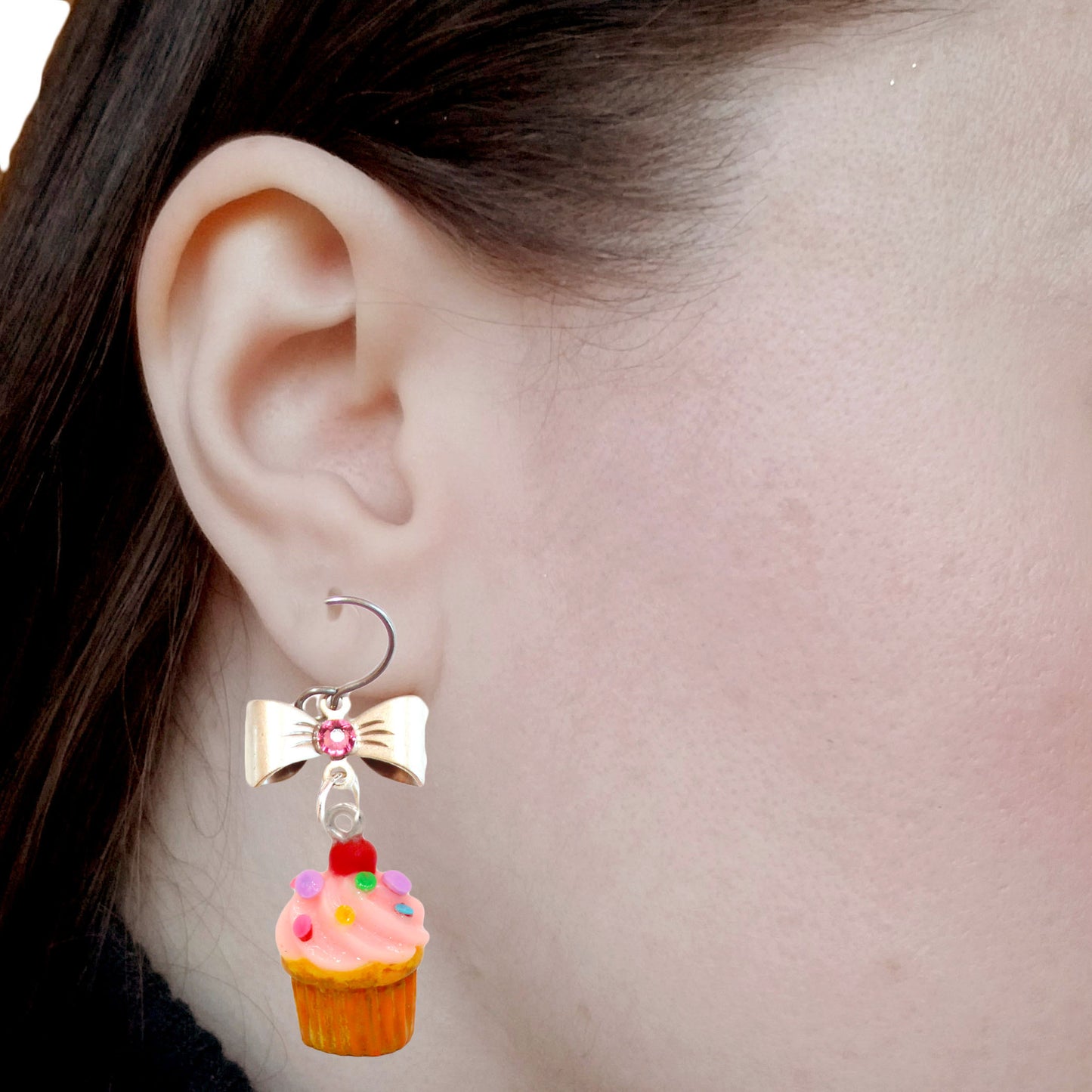Pink Cupcake Necklace & Earrings Set, Rainbow Sprinkle Birthday Cake Charm Jewelry