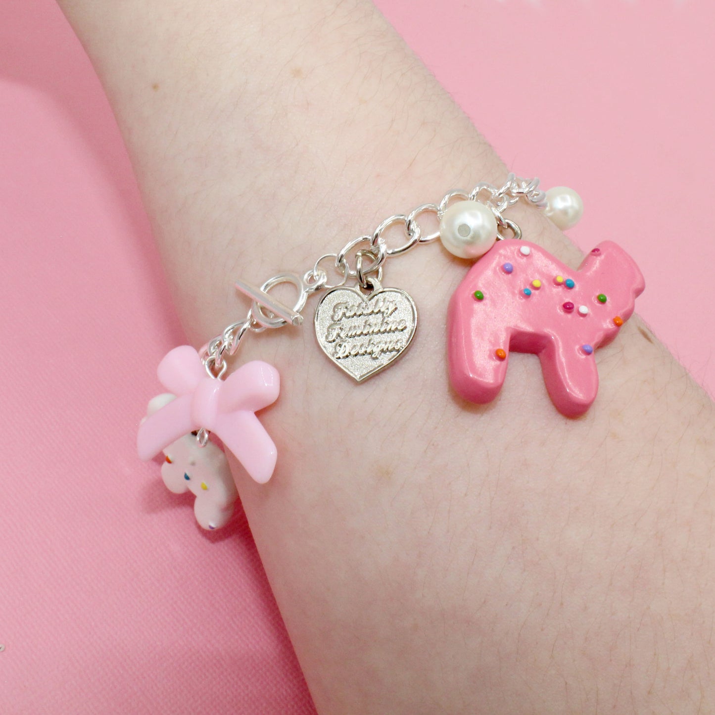 Pink Frosted Circus Animal Chunky Charm Bracelet Gold or Silver