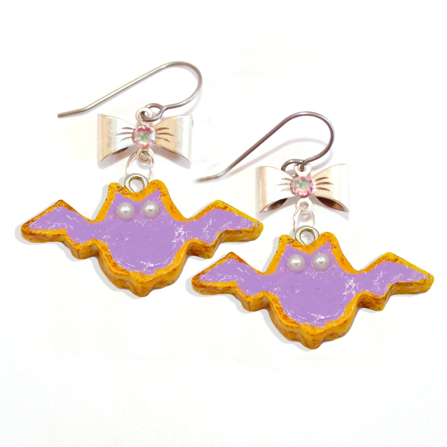 Cute Autumn Drop Earrings Purple Pastel Bat Cookie Charms Silver Handmade for Woman