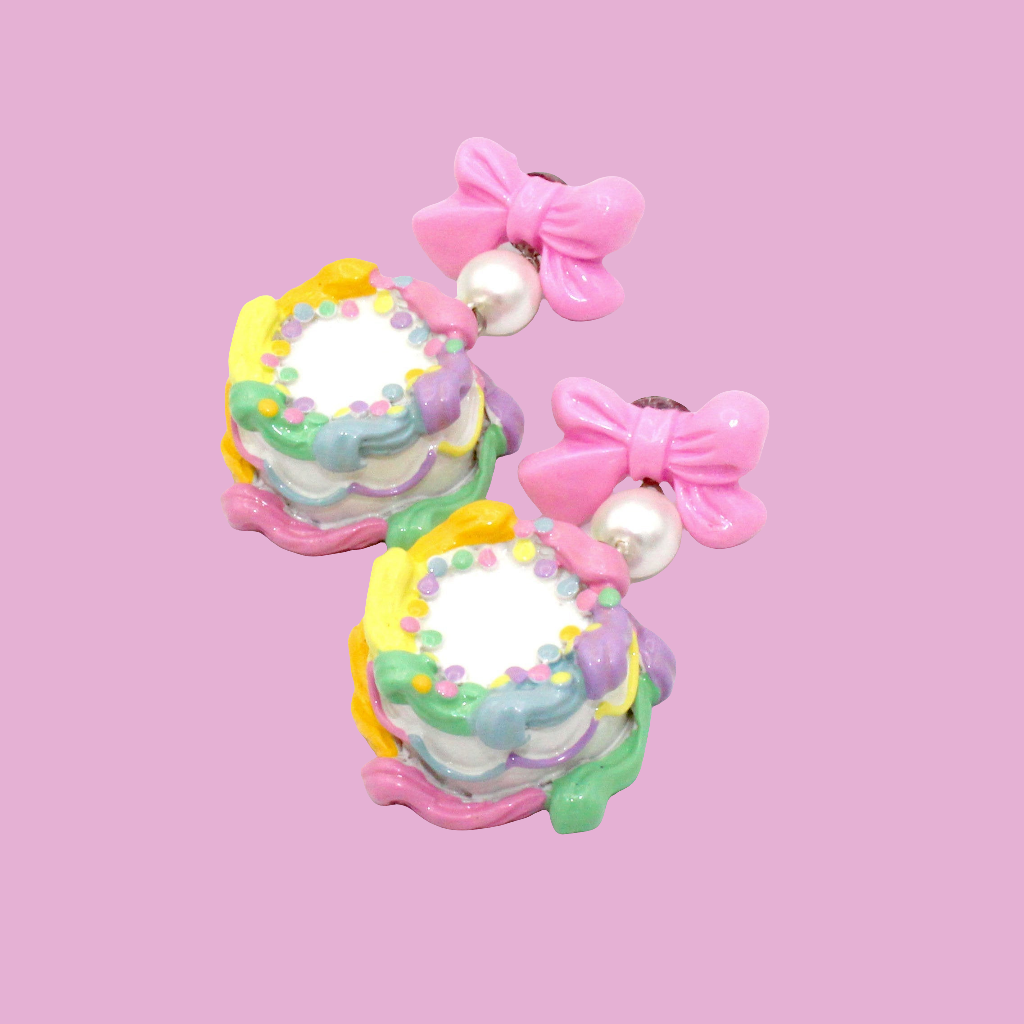 Pastel Rainbow Birthday Cake Bow and Pearl Earrings