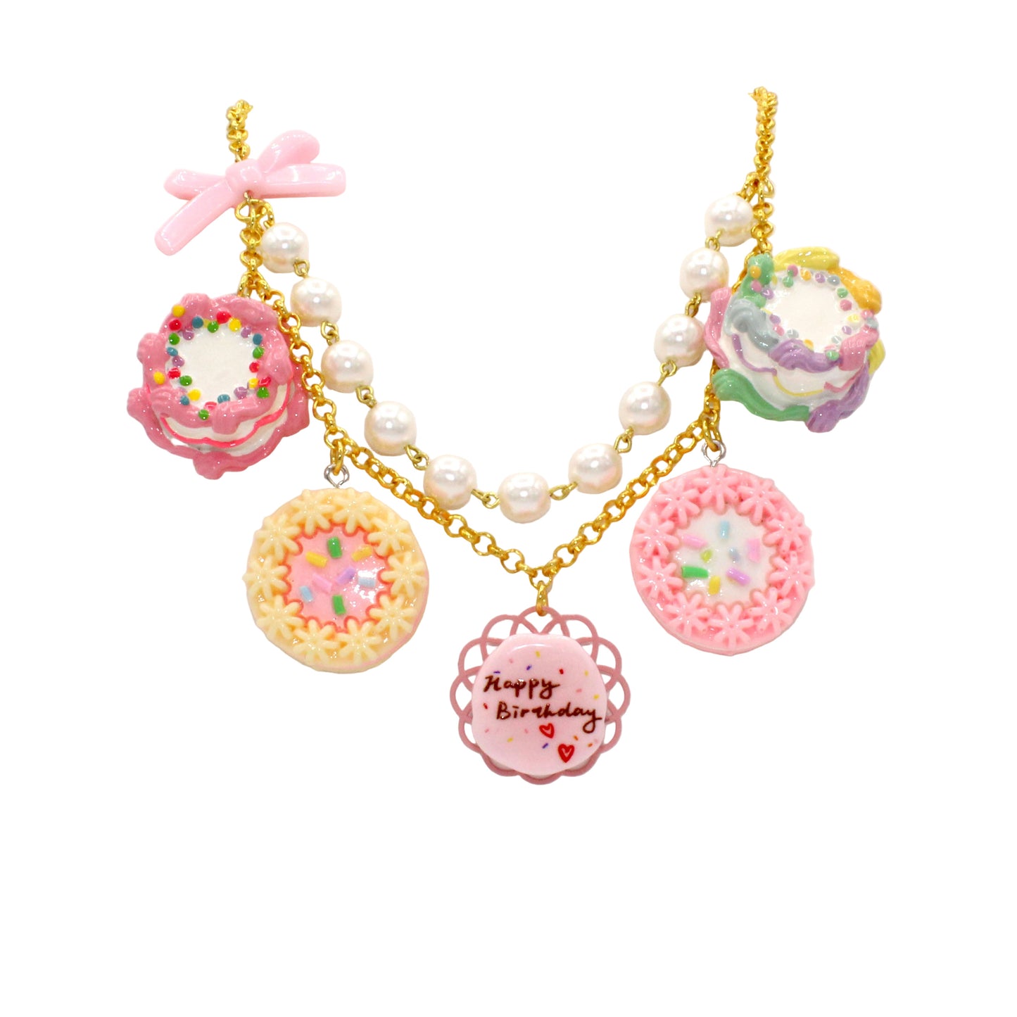 Miniature Birthday Cake Statement Charm Necklace - Gold or Silver Finish - Handmade in the USA Pastel Rainbow Kawaii Jewelry