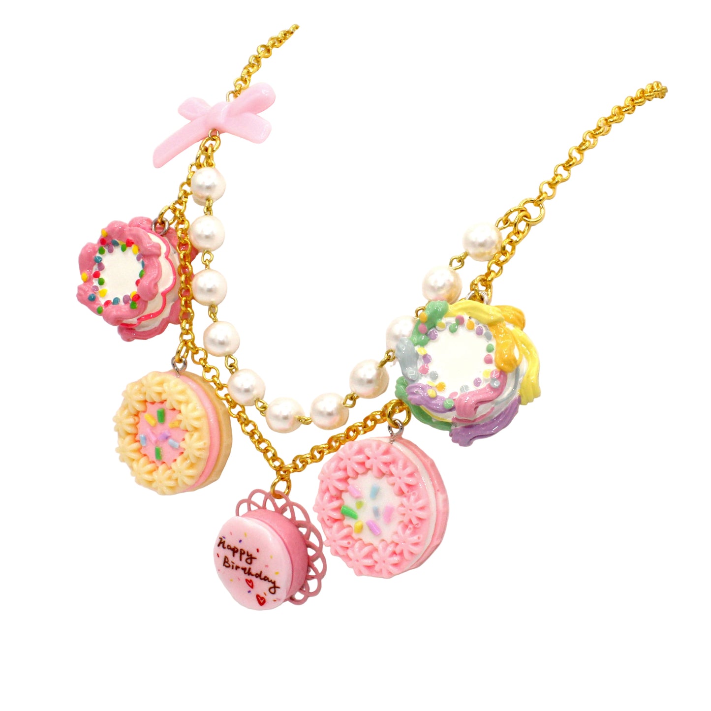 Miniature Birthday Cake Statement Charm Necklace - Gold or Silver Finish - Handmade in the USA Pastel Rainbow Kawaii Jewelry