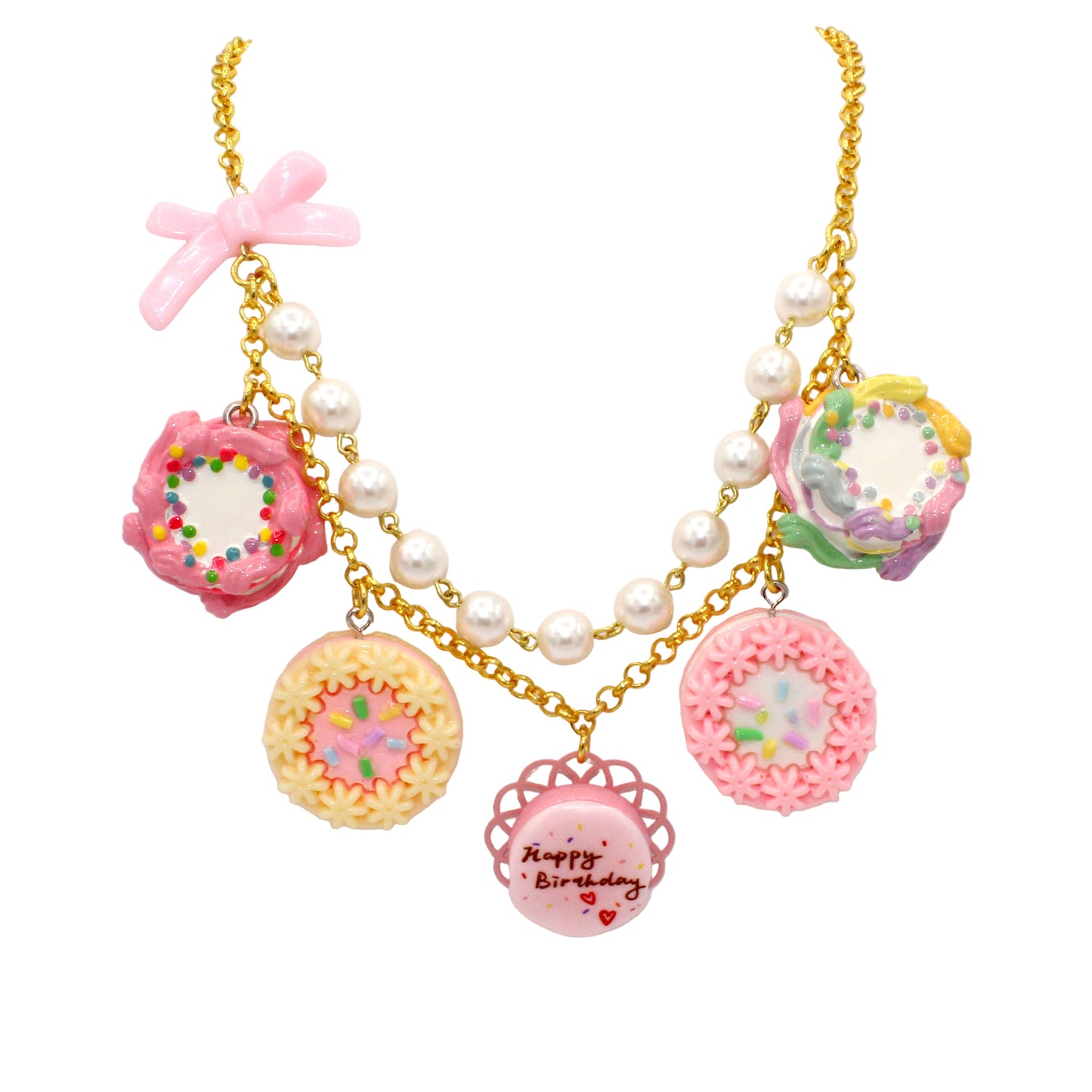 Miniature Birthday Cake Statement Charm Necklace - Gold or Silver Finish - Handmade in the USA Pastel Rainbow Kawaii Jewelry