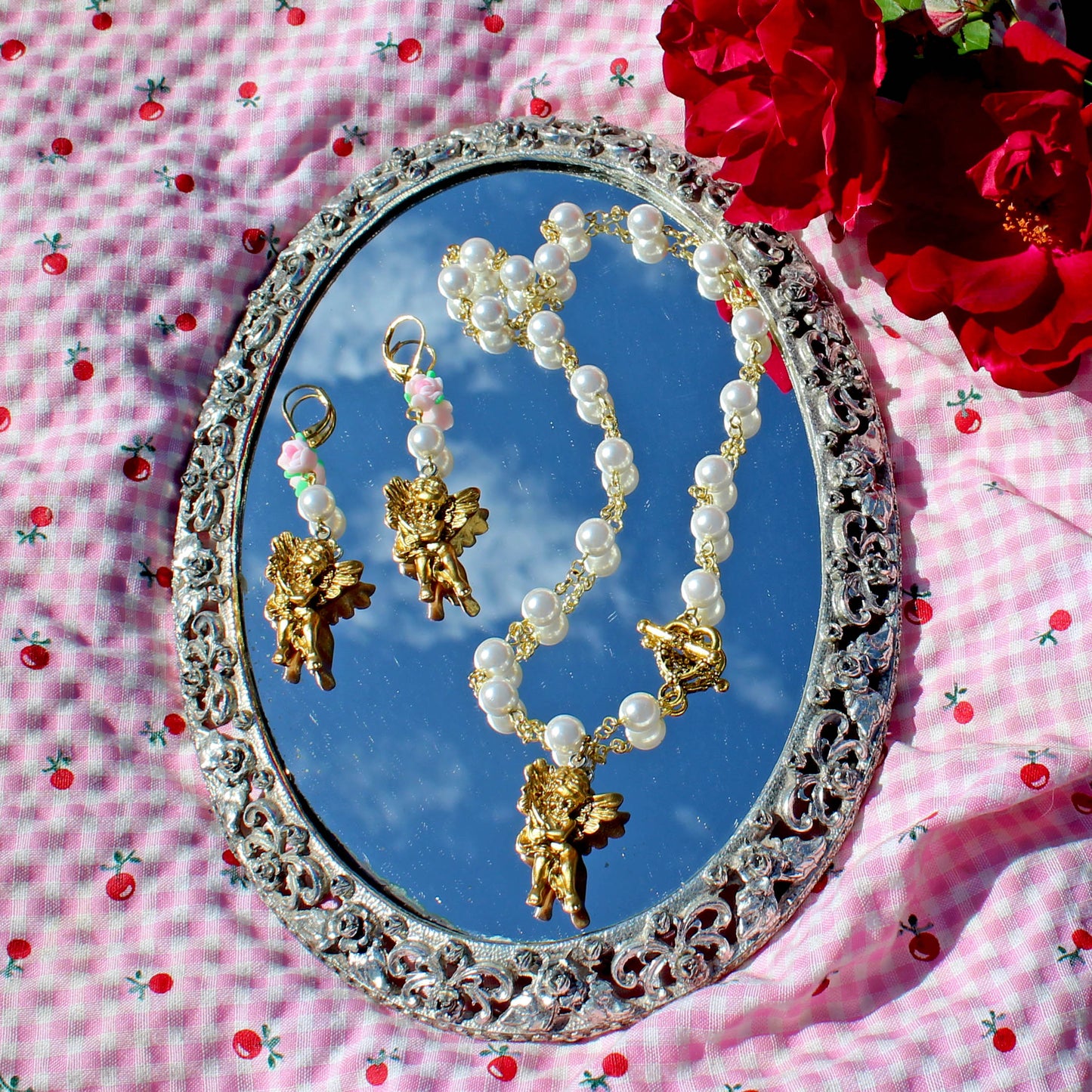 Rococo Dreams Marie Antoinette Inspired Jewelry Sets - Handmade Soft Girl Pink Cherub Necklace Ring Earrings - Fatally Feminine Designs