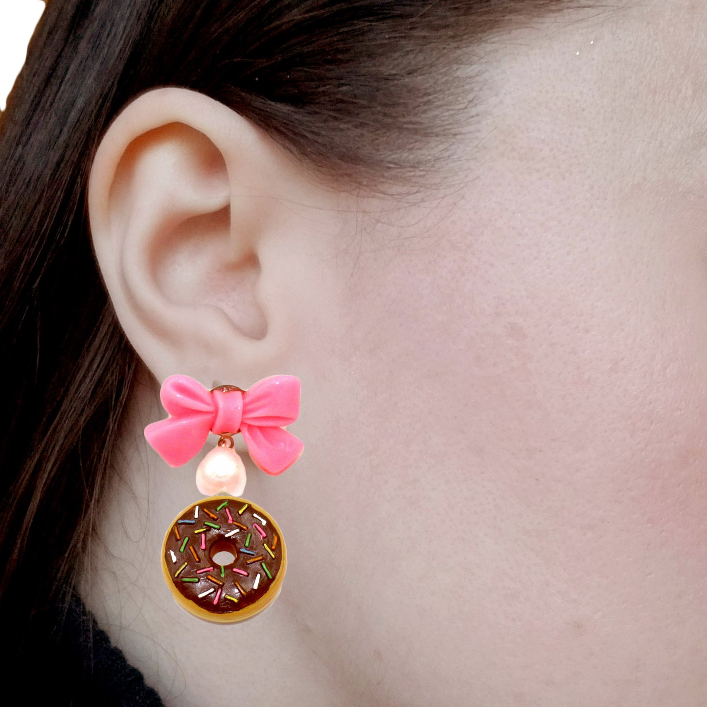 Bow and Pearl Pink Donut Earrings