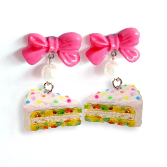 Confetti Cake Bow & Pearl Earrings, Funfetti Birthday Cake Slice Charm Earrings