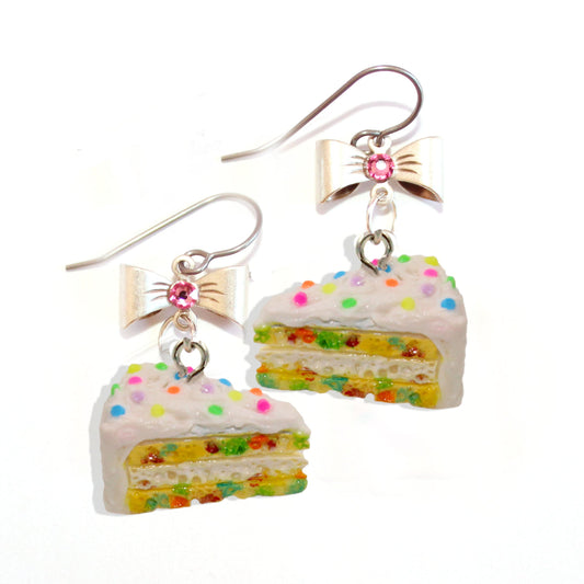Confetti Cake Earrings, Funfetti Birthday Cake Slice Charm Earrings