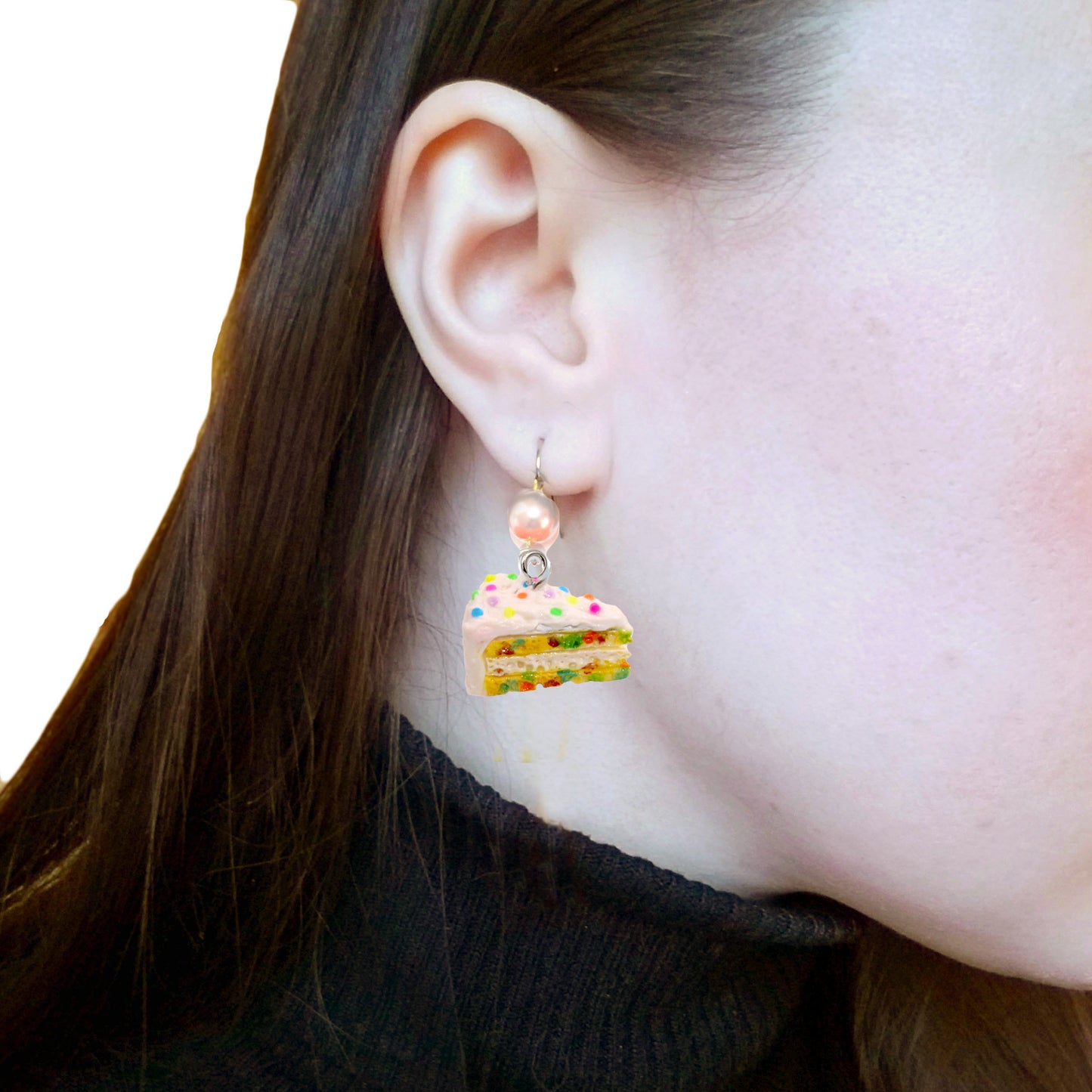 Confetti Cake Pearl Earrings, Funfetti Birthday Cake Slice Charm Earrings