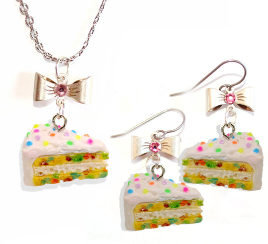 Confetti Cake Earring & Necklace Set, Funfetti Birthday Cake Charm Jewelry