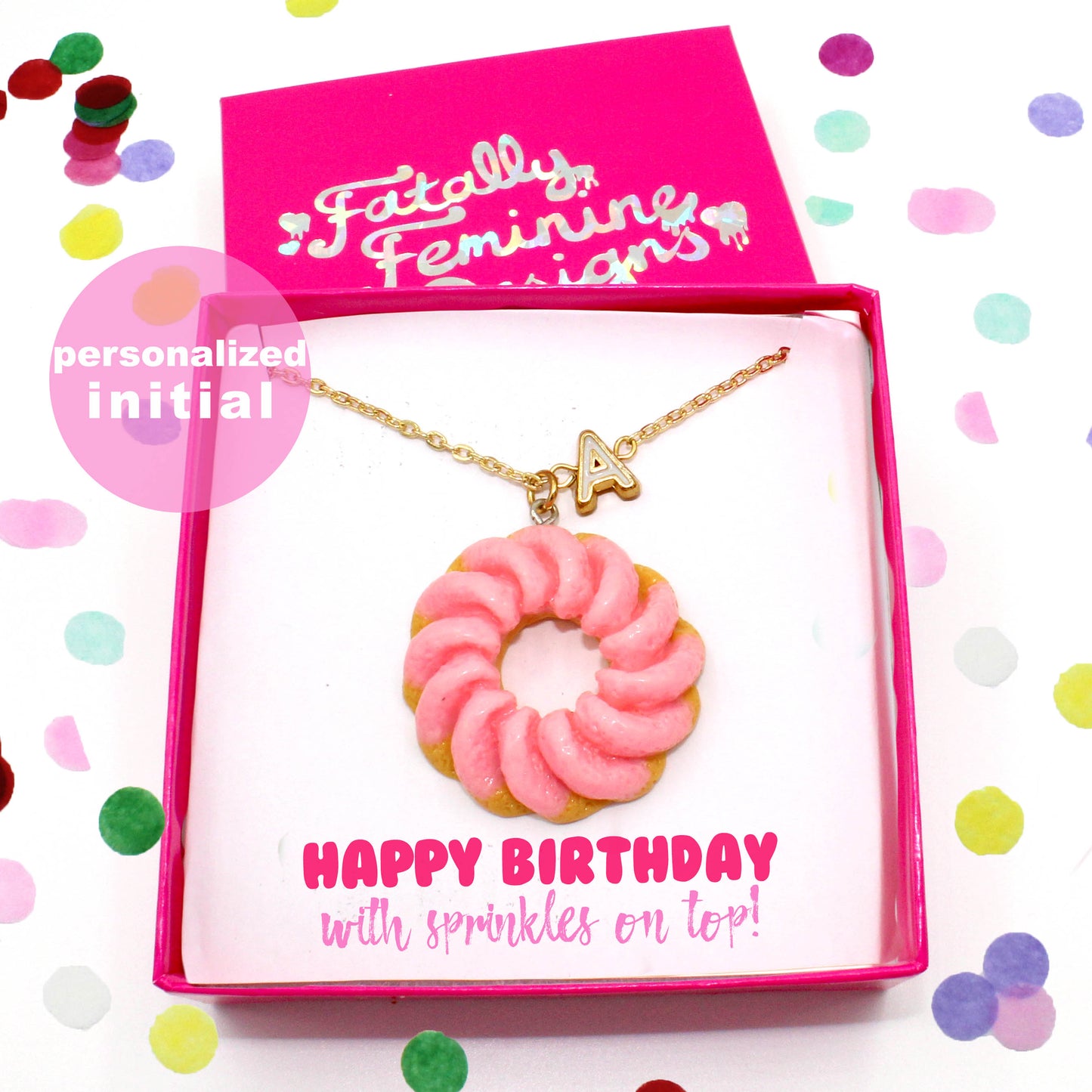 Pink Personalized Donut Necklace Birthday gift for Best Friend Handmade Cute Charm Jewelry for Women