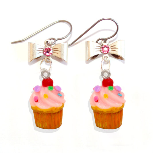 Pink Cupcake Earrings, Rainbow Sprinkle Birthday Cake Charm Earrings