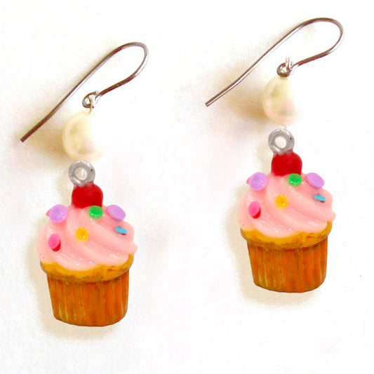 Pink Cupcake Pearl Earrings, Rainbow Sprinkle Birthday Cake Charm Earrings