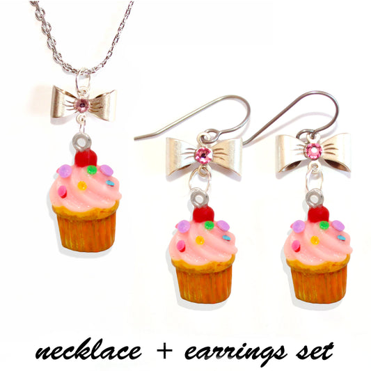 Pink Cupcake Necklace & Earrings Set, Rainbow Sprinkle Birthday Cake Charm Jewelry