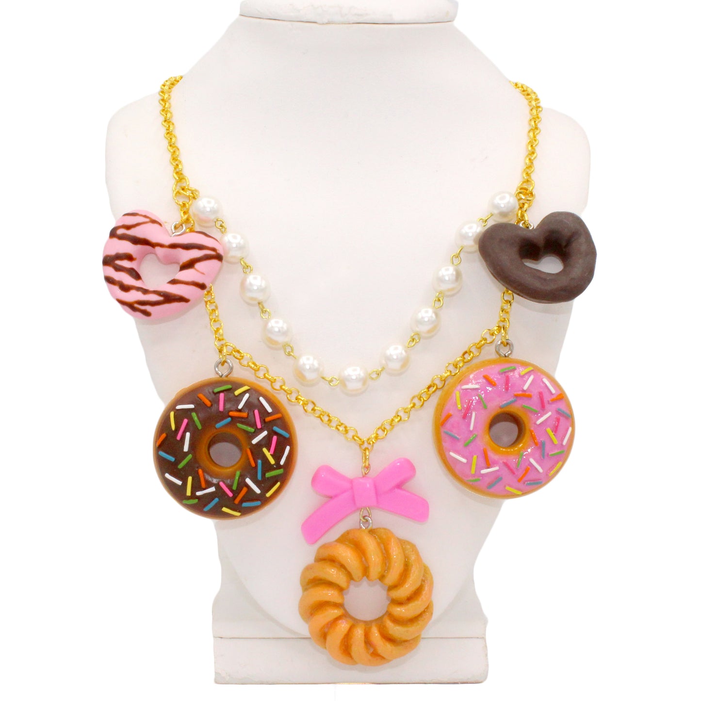 Kawaii Donut Statement Charm Necklace, Handmade by Fatally Feminine, Adjustable Length in Gold or Silver Finish