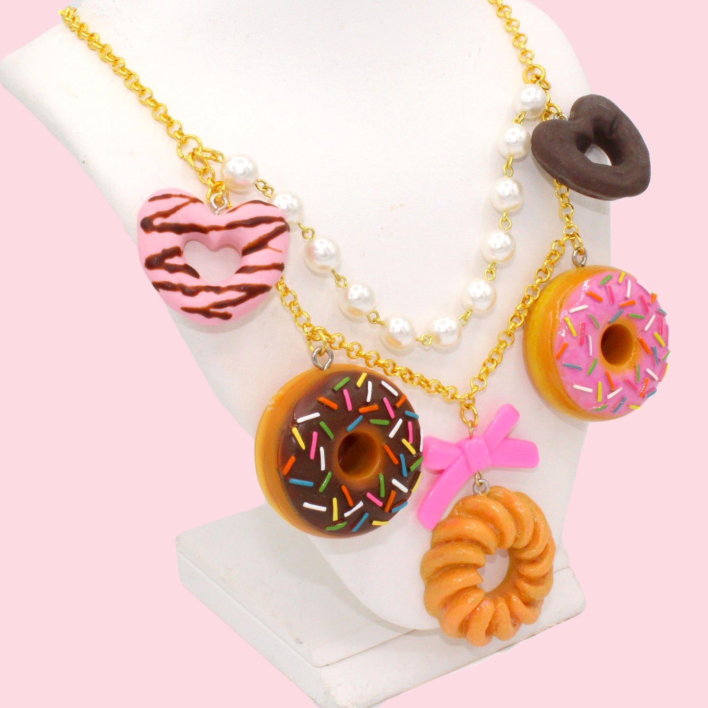Kawaii Donut Statement Charm Necklace, Handmade by Fatally Feminine, Adjustable Length in Gold or Silver Finish