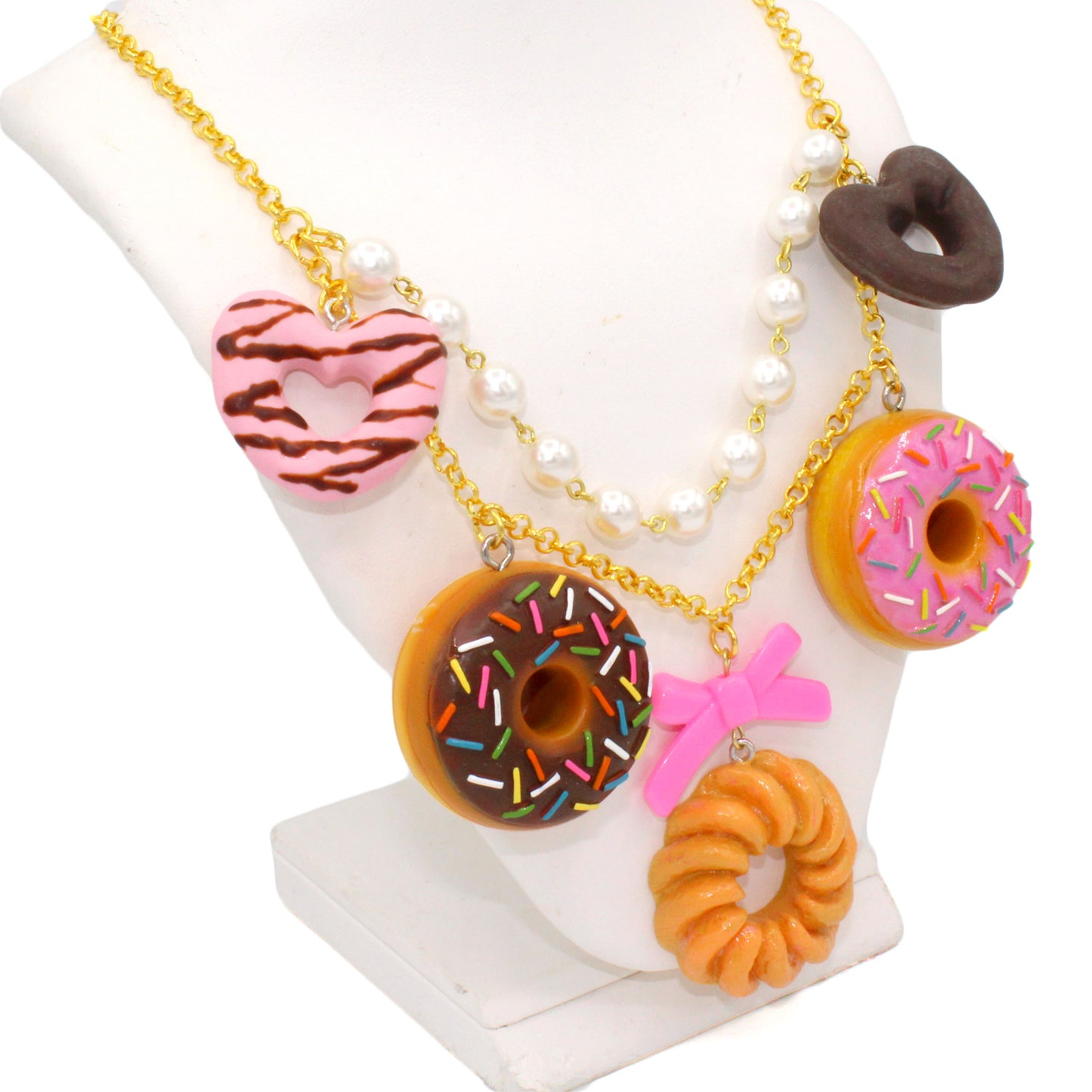 Kawaii Donut Statement Charm Necklace, Handmade by Fatally Feminine, Adjustable Length in Gold or Silver Finish