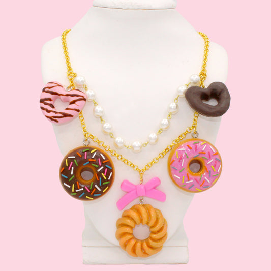 Kawaii Donut Statement Charm Necklace, Handmade by Fatally Feminine, Adjustable Length in Gold or Silver Finish