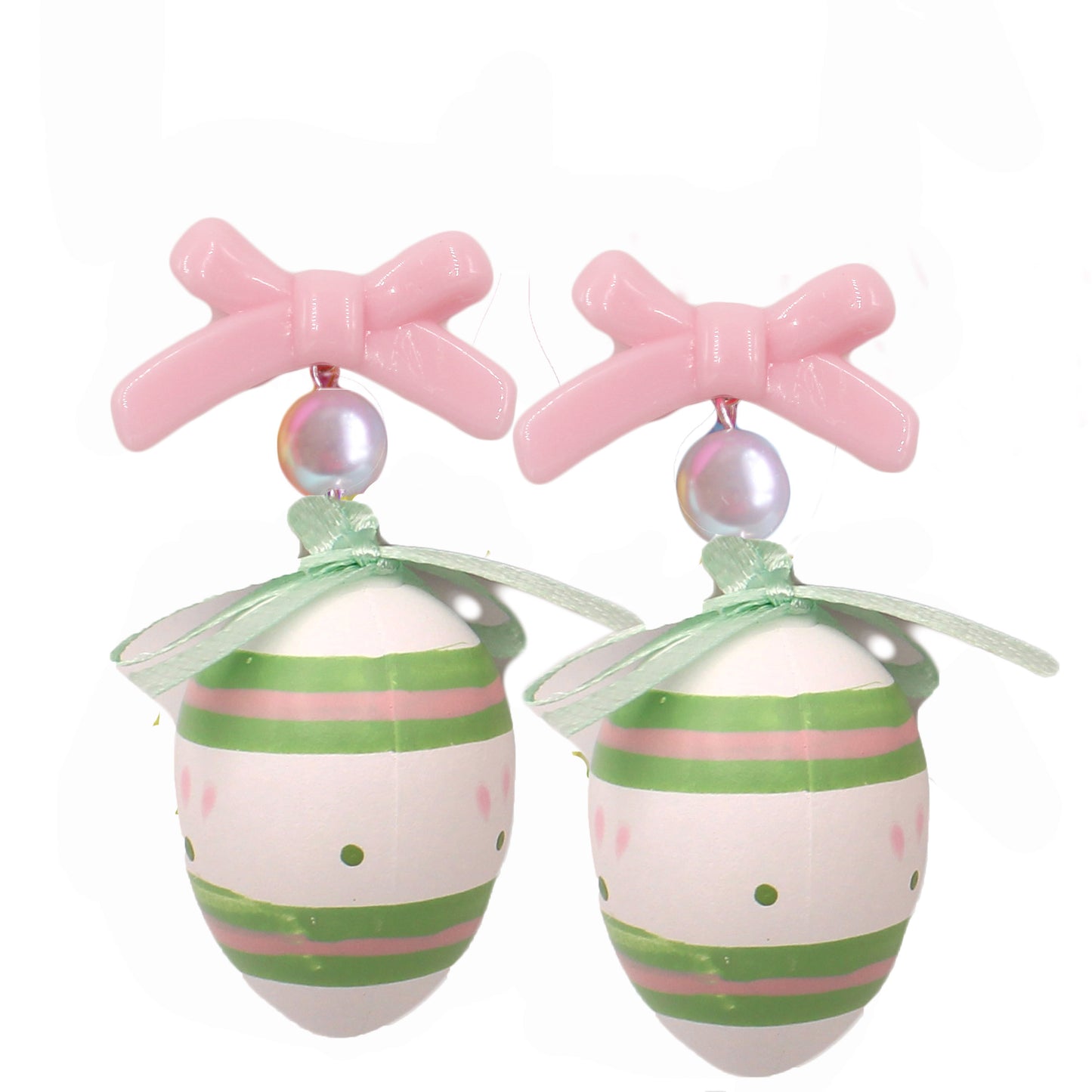 Easter Egg Statement Drop Earrings, Green Retro Mod Stripe with pink bows, Handmade with Hypoallergenic Steel