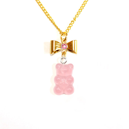Gummy Bear Candy Necklace and Earrings Pastel or Hot Pink with Bows and Pearls Resin Stainless Steel Kawaii handmade drop statement earrings for women
