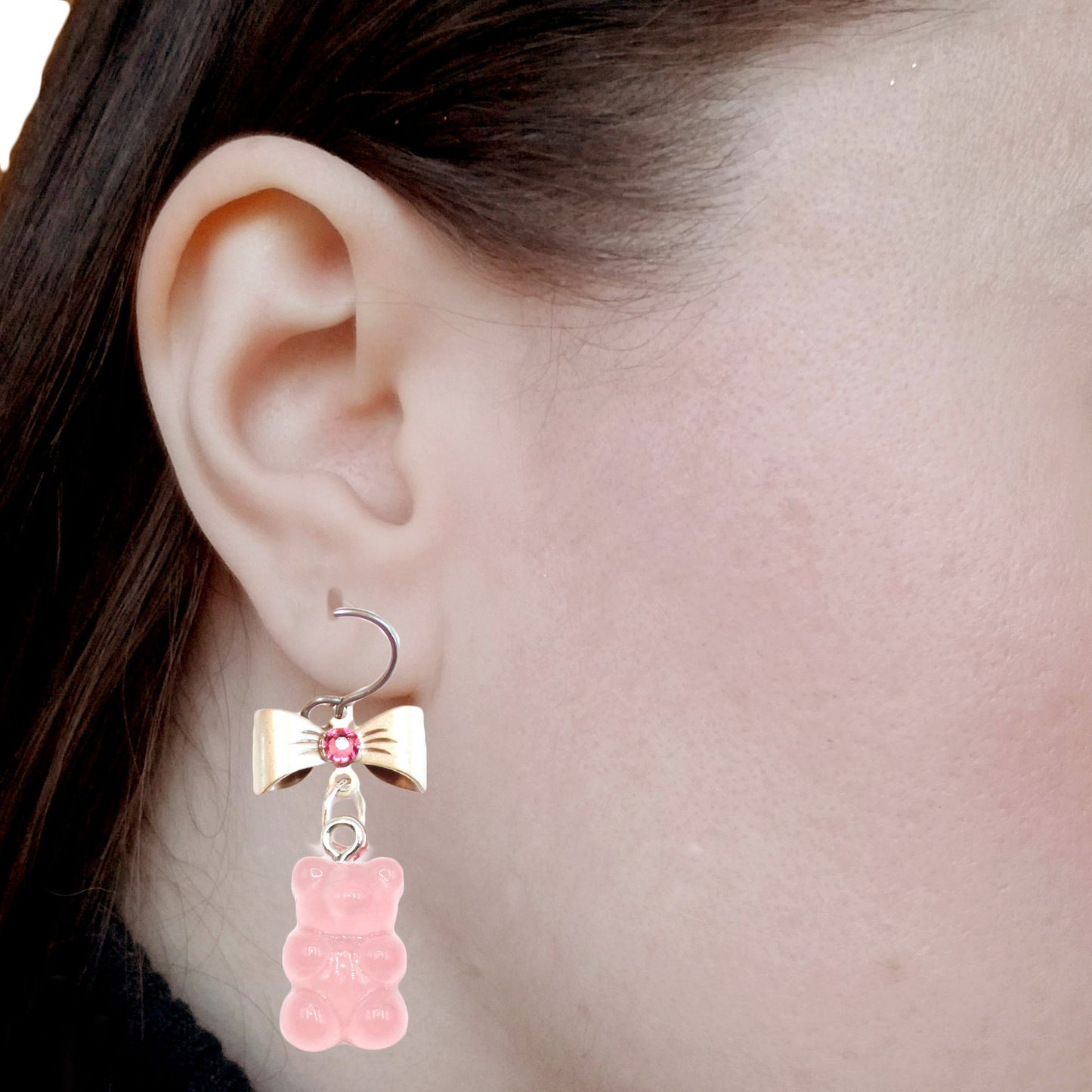 Gummy Bear Candy Necklace and Earrings Pastel or Hot Pink with Bows and Pearls Resin Stainless Steel Kawaii handmade drop statement earrings for women