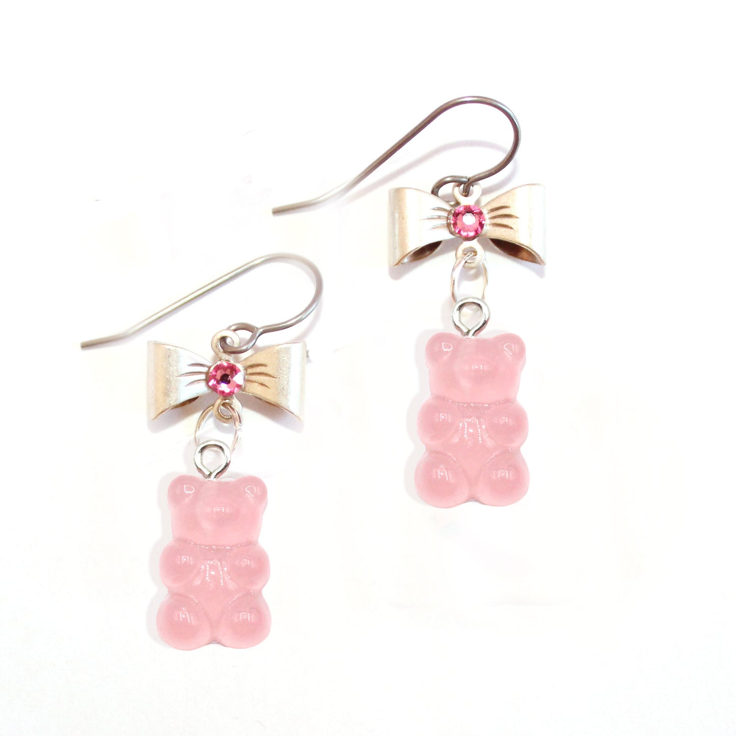 Gummy Bear Candy Earrings Pastel or Hot Pink with Bows and Pearls Resin Stainless Steel Kawaii handmade drop statement earrings for women