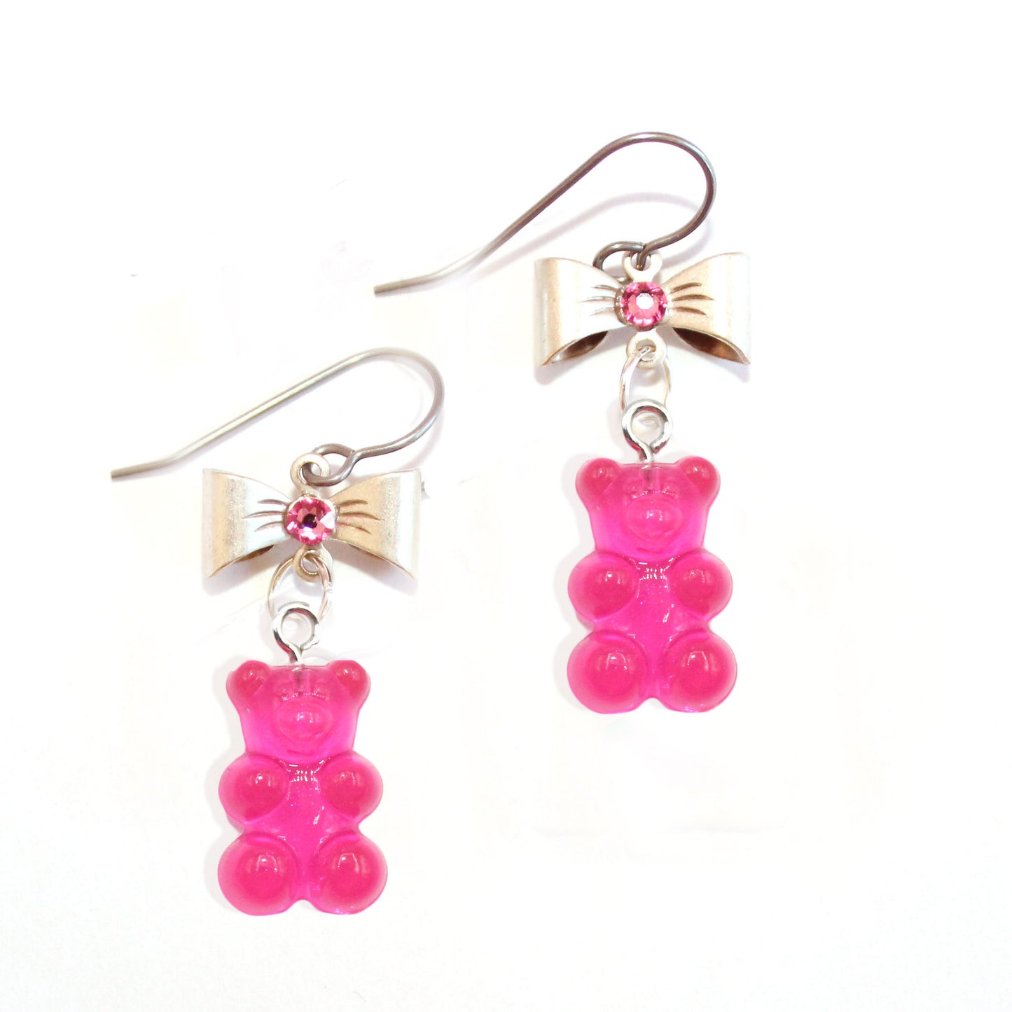 Gummy Bear Candy Earrings Pastel or Hot Pink with Bows and Pearls Resin Stainless Steel Kawaii handmade drop statement earrings for women