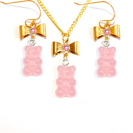 Gummy Bear Candy Necklace and Earrings Pastel or Hot Pink with Bows and Pearls Resin Stainless Steel Kawaii handmade drop statement earrings for women