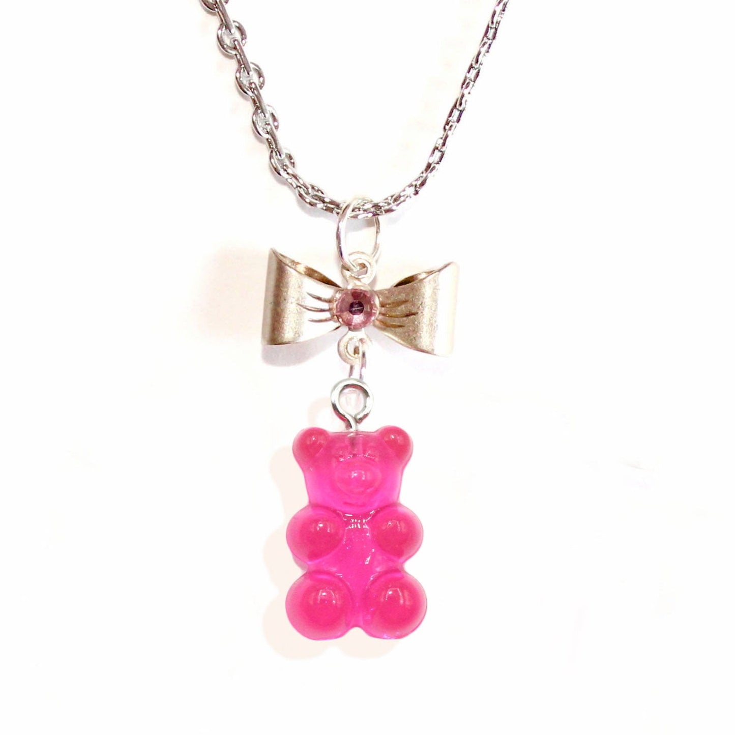 Hot Pink Resin Gummy Bear Necklace non tarnish hypoallergenic stainless steel chain candy kawaii handmade statement jewelry for women