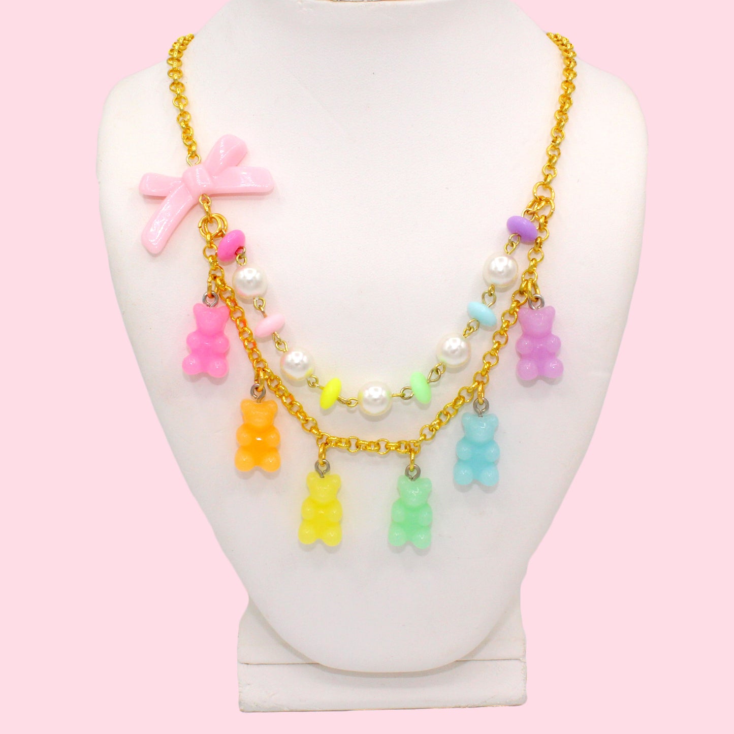 Kawaii Pastel Rainbow Gummy Bear Statement Charm Necklace - Handmade in the USA