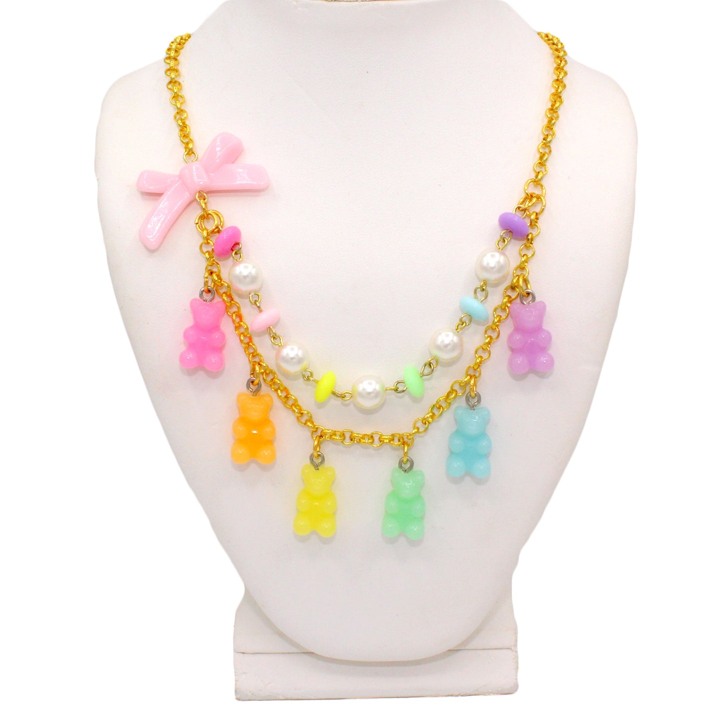 Kawaii Pastel Rainbow Gummy Bear Statement Charm Necklace - Handmade in the USA