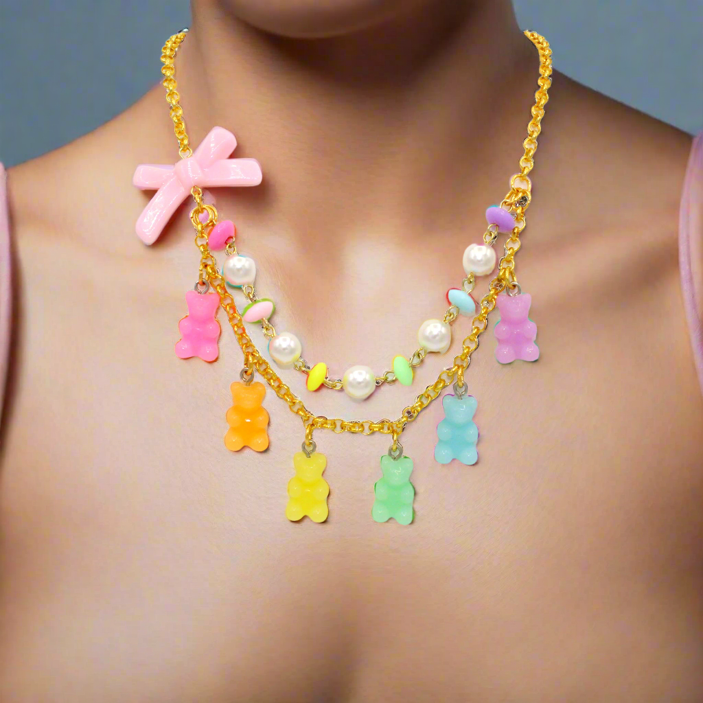 Kawaii Pastel Rainbow Gummy Bear Statement Charm Necklace - Handmade in the USA