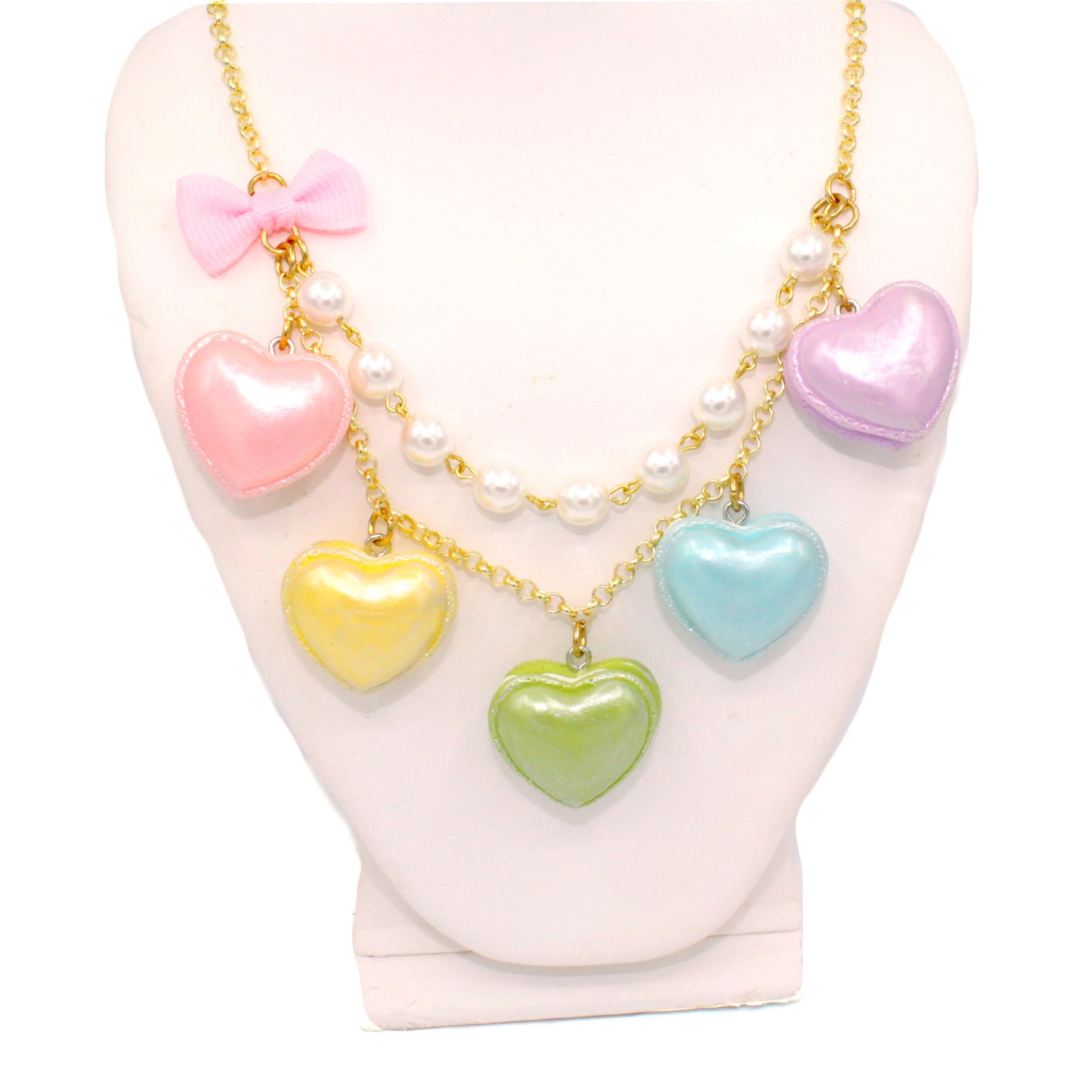 Pastel Heart Macaron Statement Necklace Kawaii LoveCore Valentines Day Charm Jewelry Gold or Silver