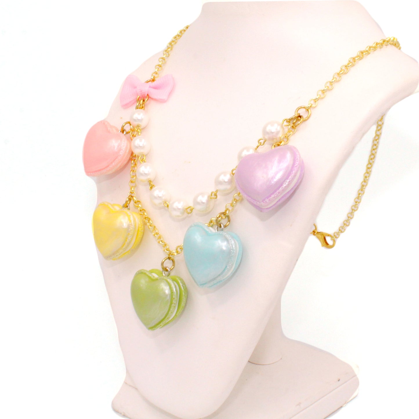 Pastel Heart Macaron Statement Necklace Kawaii LoveCore Valentines Day Charm Jewelry Gold or Silver