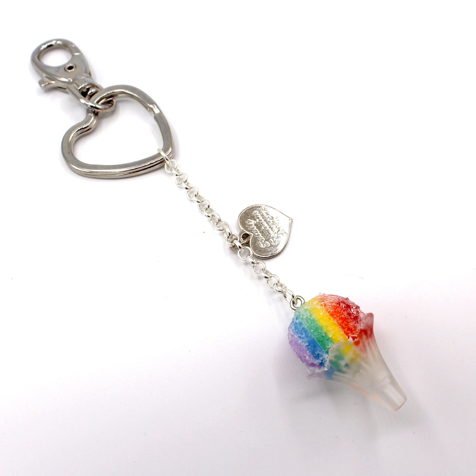 Rainbow Snow Cone Bag Charm or Keychain, Silver Tone Heart Keyring, Handmade in the USA