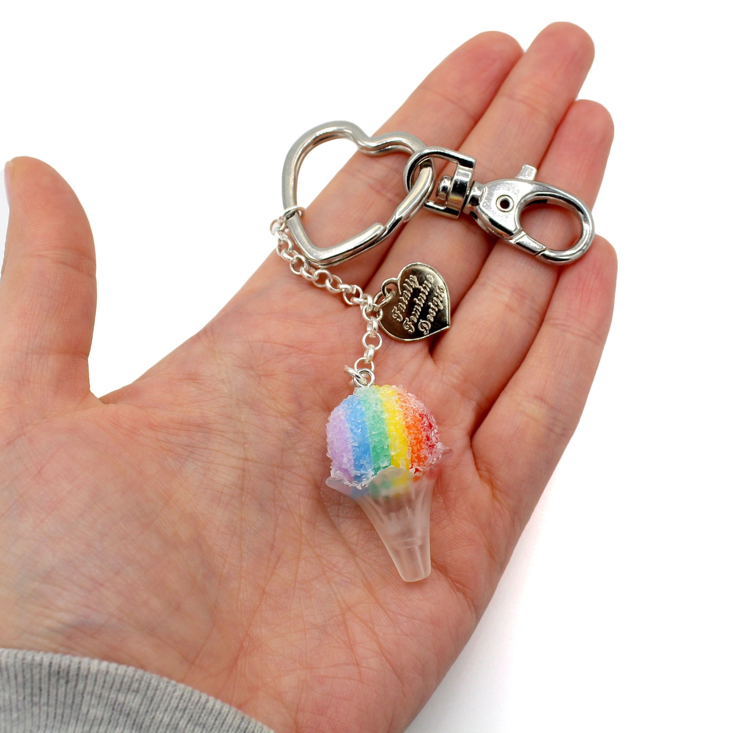 Rainbow Snow Cone Bag Charm or Keychain, Silver Tone Heart Keyring, Handmade in the USA