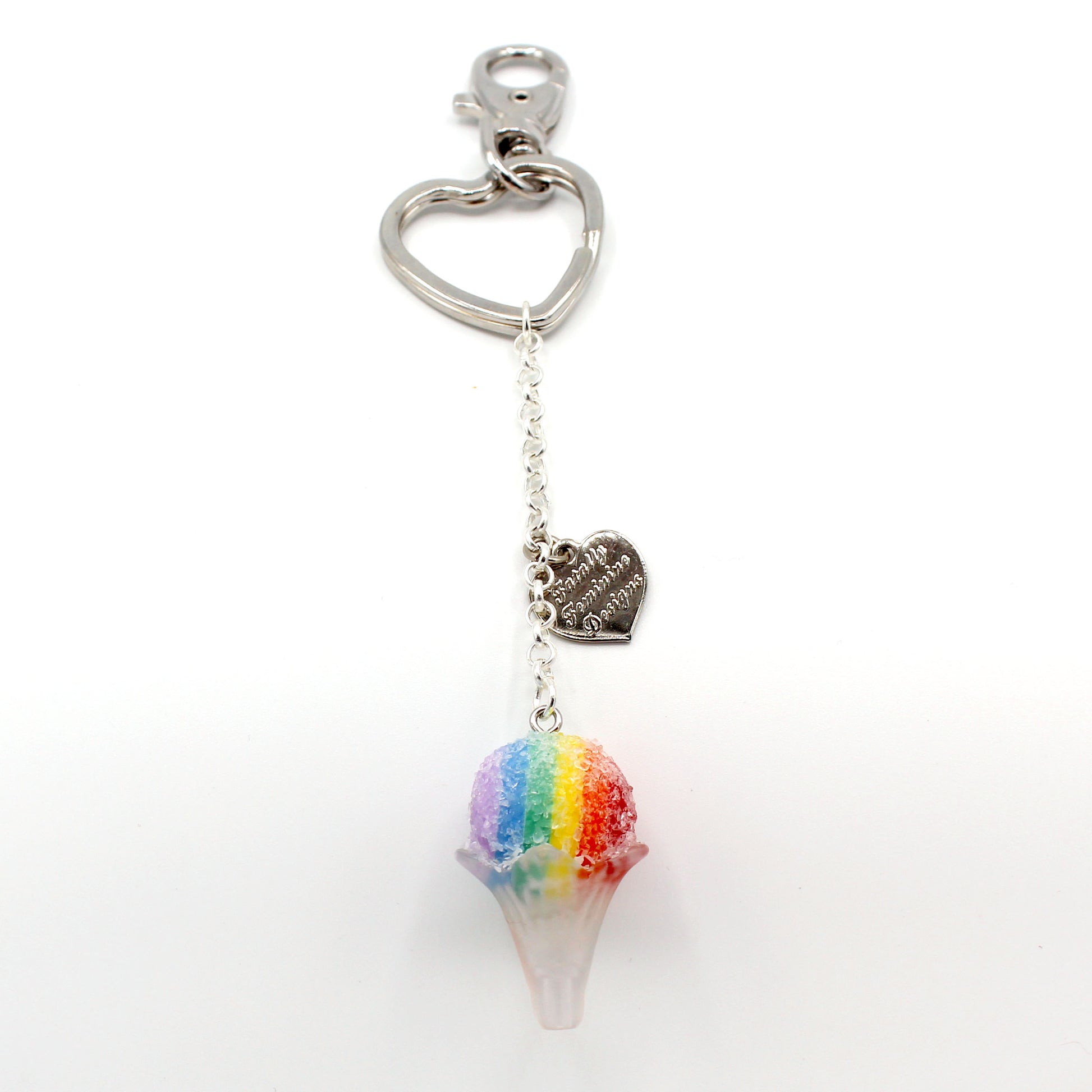 Rainbow Snow Cone Bag Charm or Keychain, Silver Tone Heart Keyring, Handmade in the USA