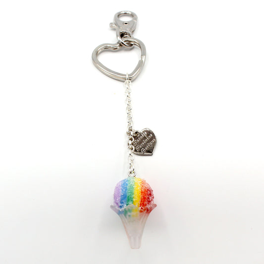 Rainbow Snow Cone Bag Charm or Keychain, Silver Tone Heart Keyring, Handmade in the USA