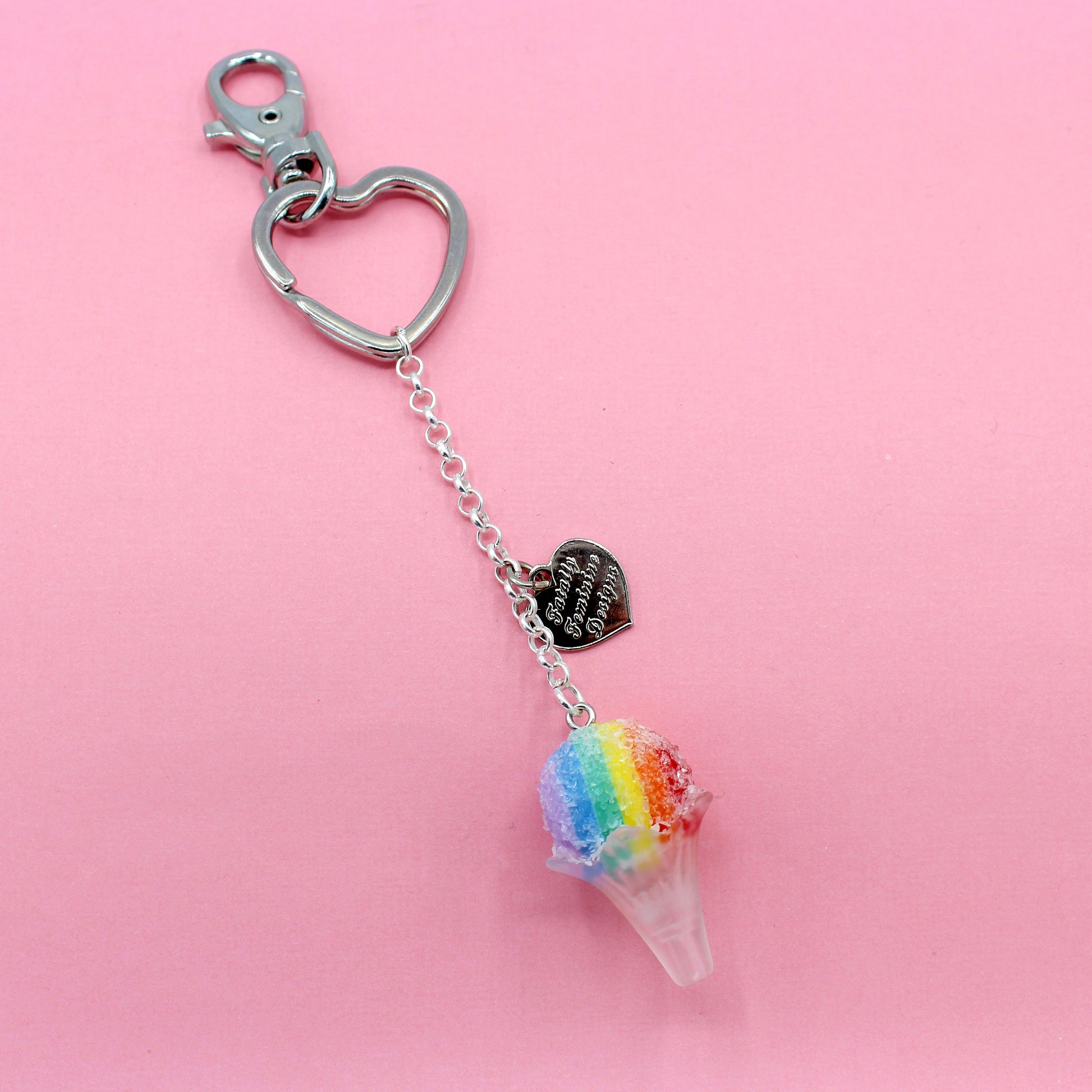 Rainbow Snow Cone Bag Charm or Keychain, Silver Tone Heart Keyring, Handmade in the USA