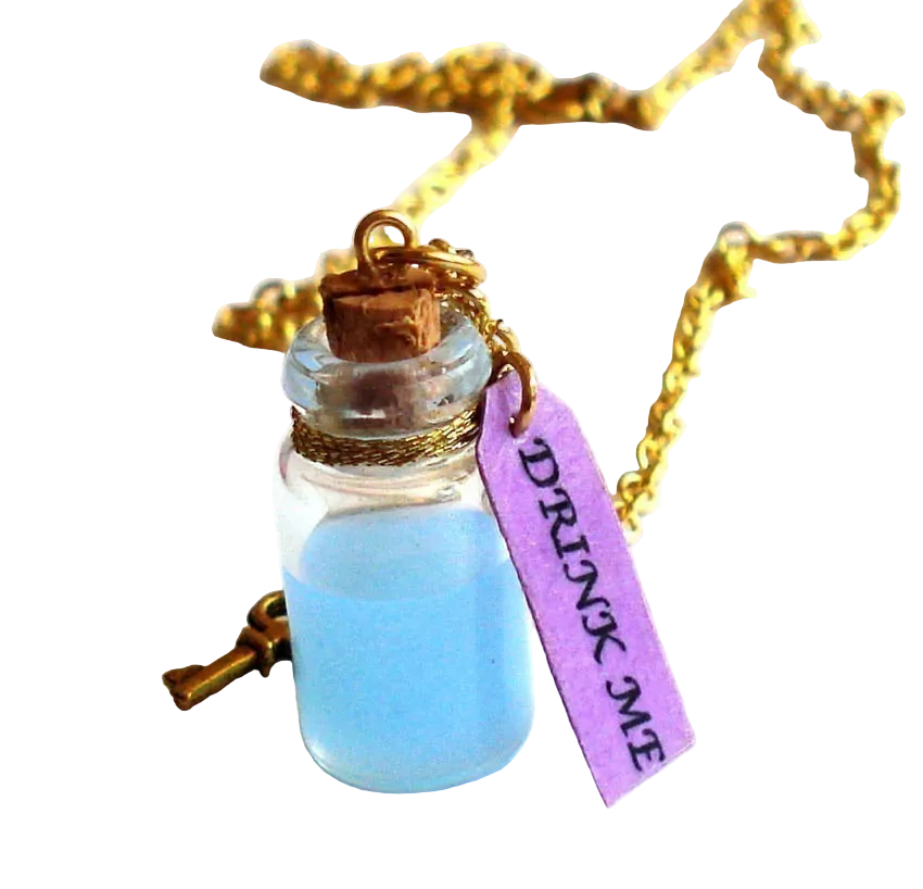 Drink Me Bottle Necklace, Stainless Steel or Gold Finish Chain, Alice in Wonderland Collection