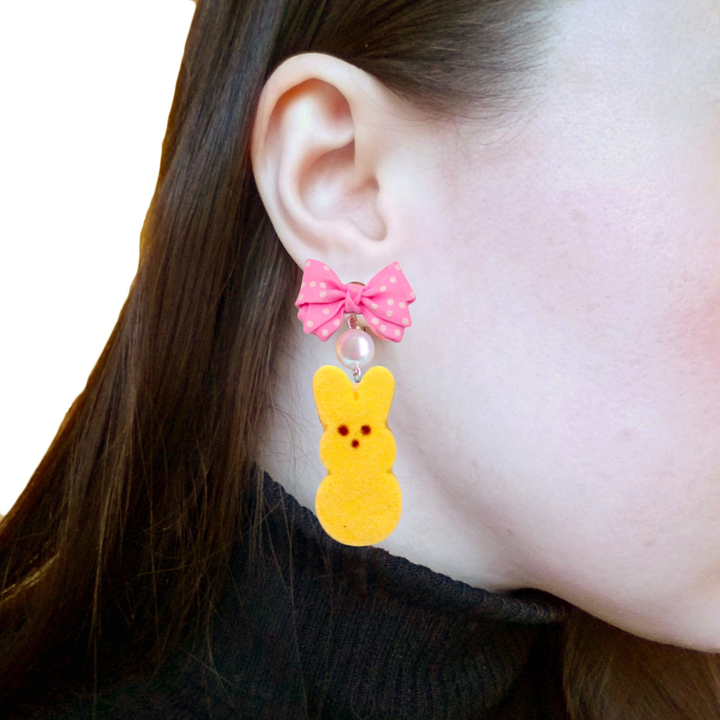 Faux Marshmallow Bunny Statement Drop Earrings, Hypoallergenic Steel