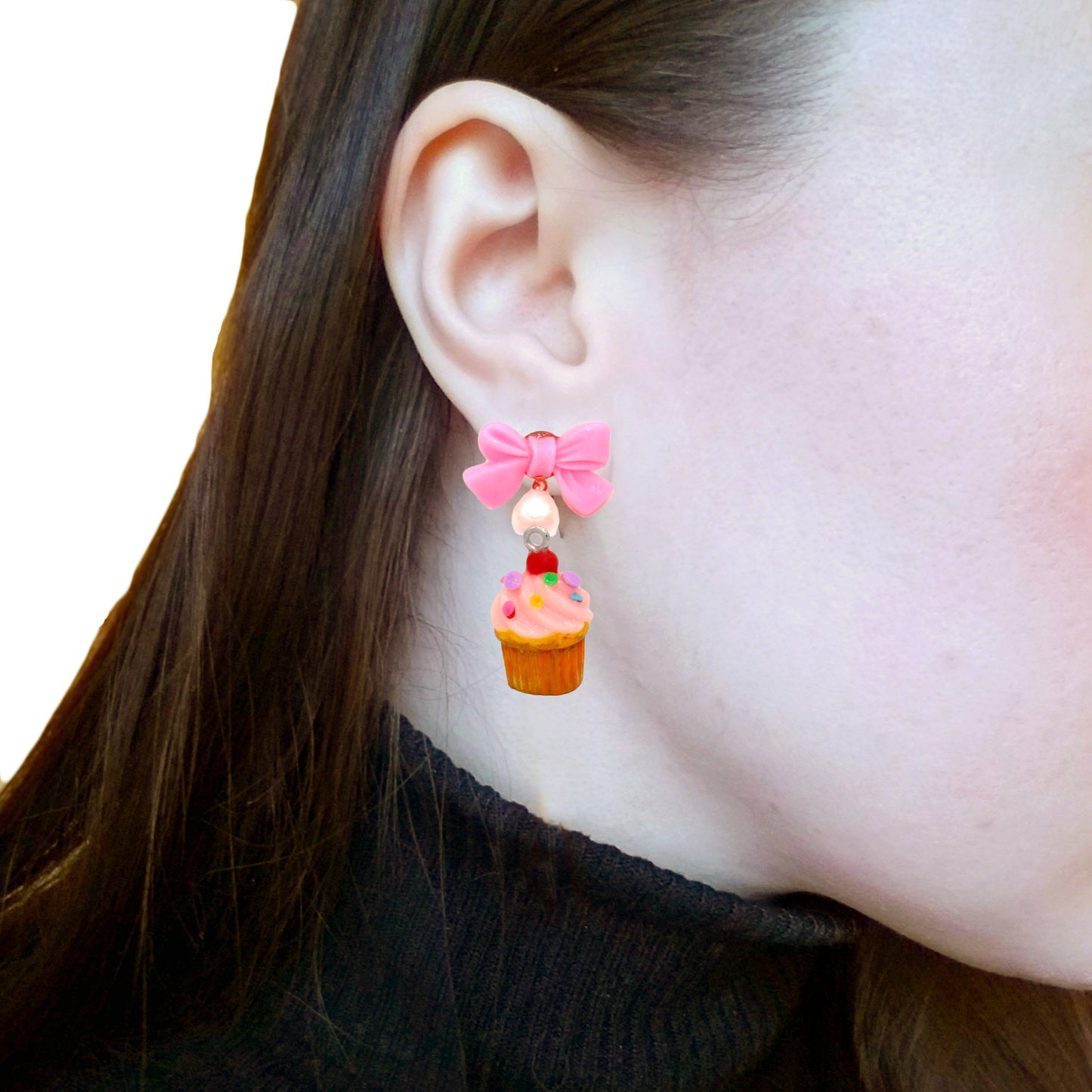 Pink Cupcake Bow & Pearl Earrings, Rainbow Sprinkle Birthday Cake Charm Earrings