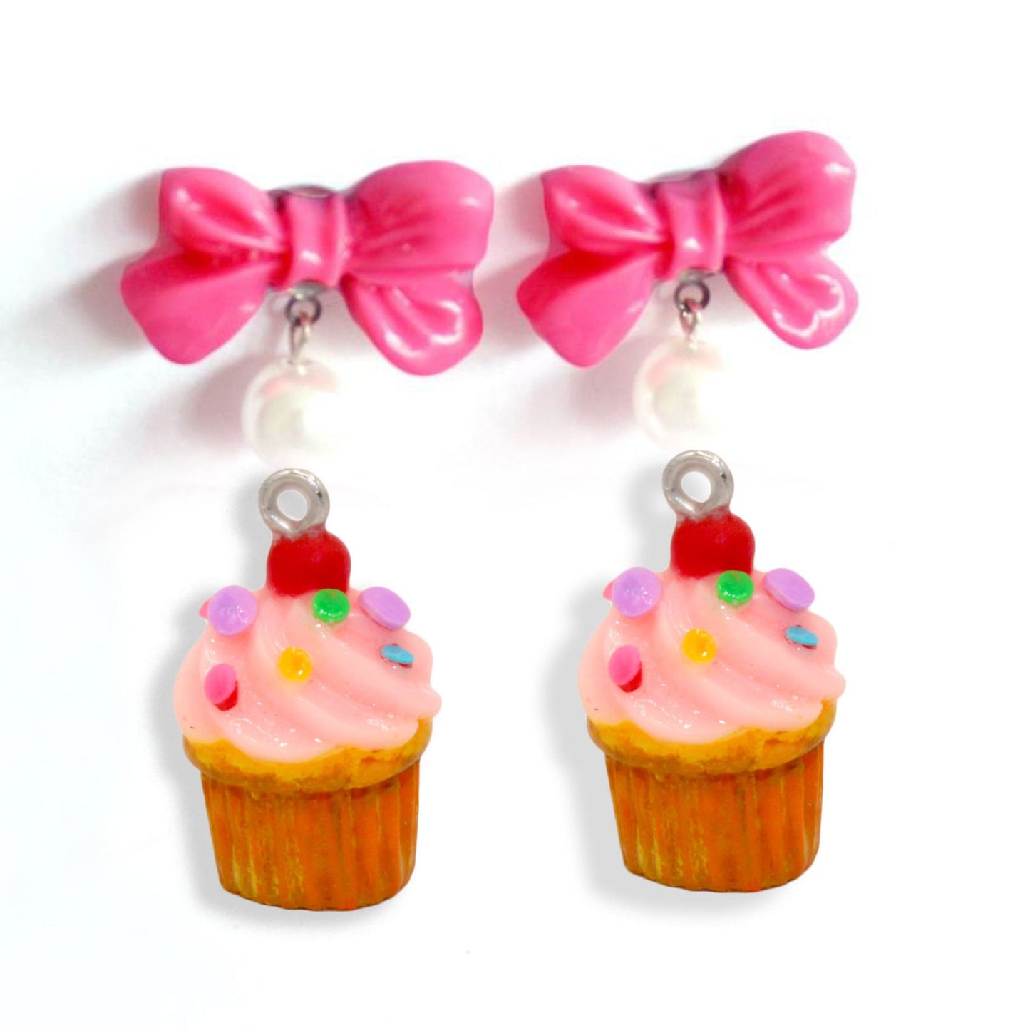 Pink Cupcake Bow & Pearl Earrings, Rainbow Sprinkle Birthday Cake Charm Earrings