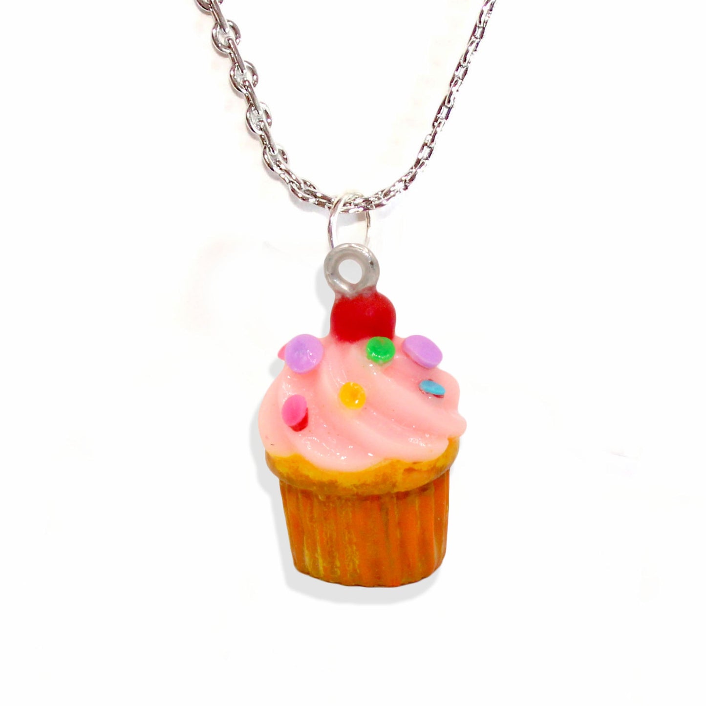 Pink Cupcake Necklace & Earrings Set, Rainbow Sprinkle Birthday Cake Charm Jewelry