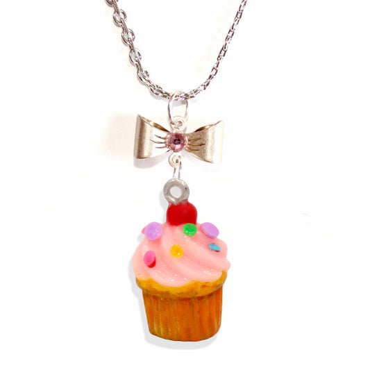 Pink Cupcake Necklace, Rainbow Sprinkle Birthday Cake Charm Necklace