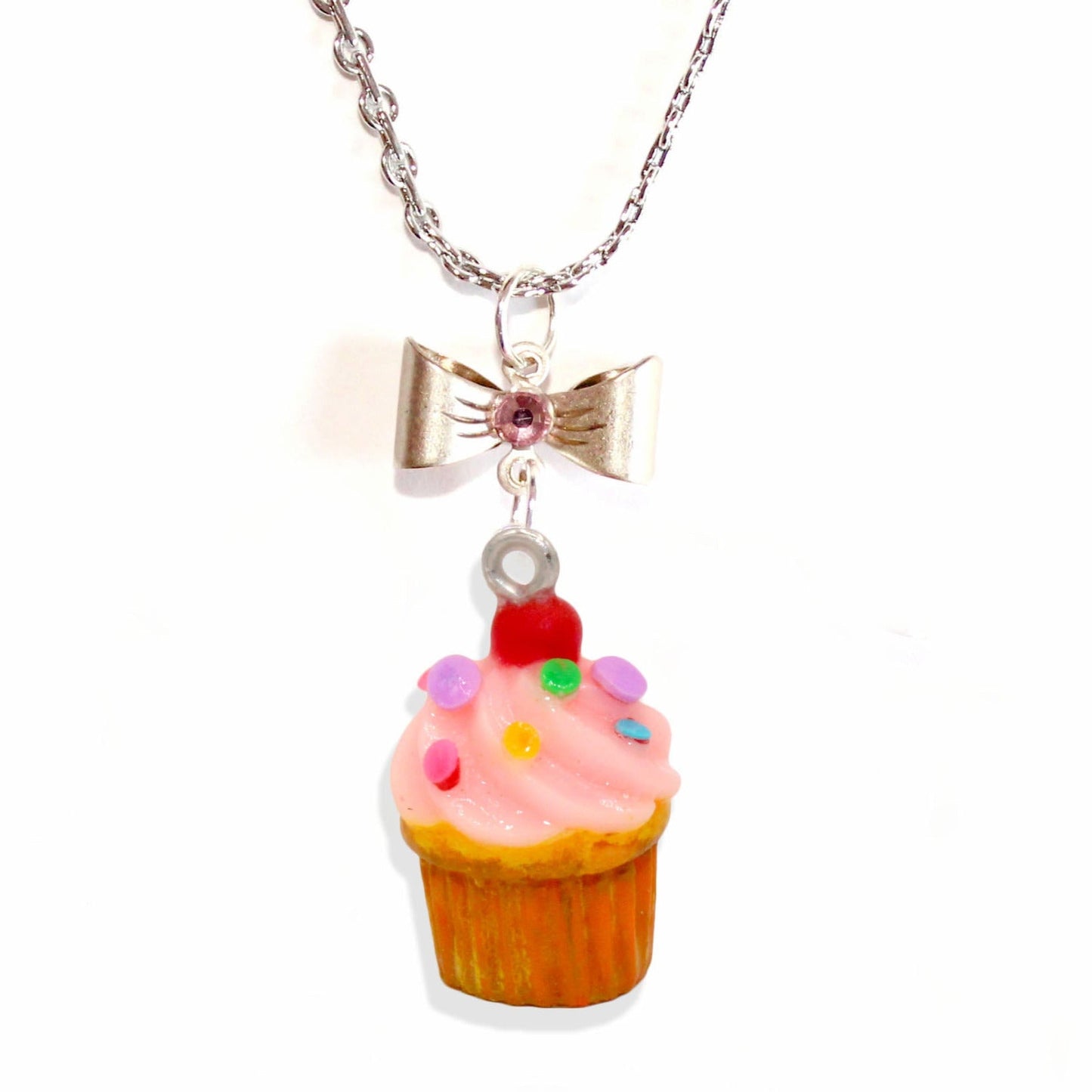 Pink Cupcake Necklace & Earrings Set, Rainbow Sprinkle Birthday Cake Charm Jewelry