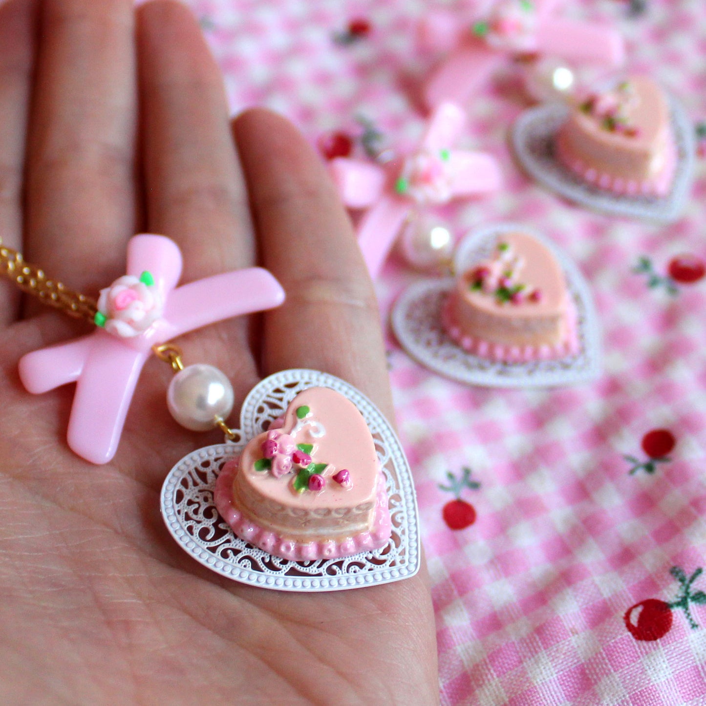 Rococo Dreams Marie Antoinette Inspired Jewelry Sets - Handmade Soft Girl Pink Heart Cake Necklace Earrings - Fatally Feminine Designs