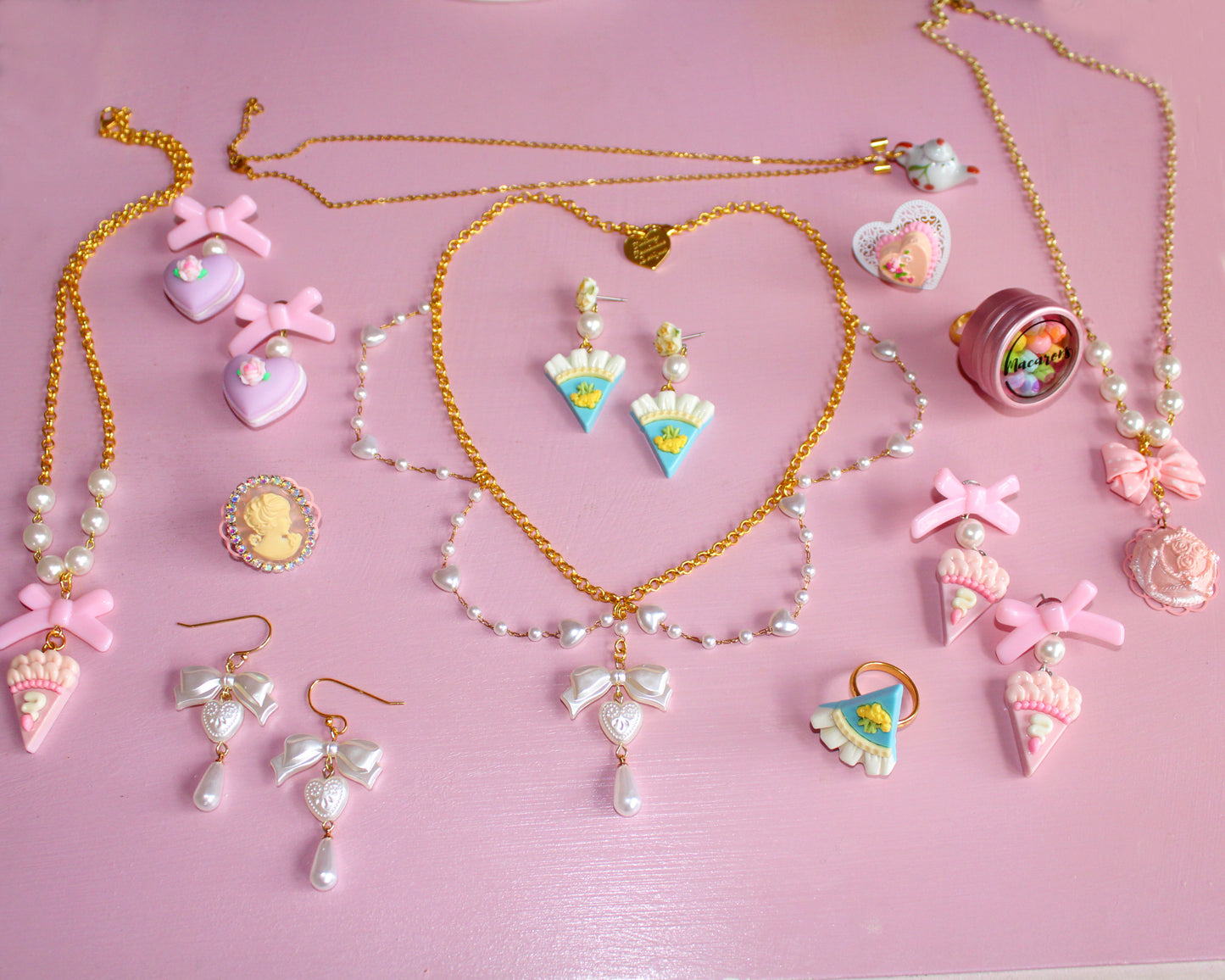 Rococo Dreams Marie Antoinette Inspired Jewelry Sets - Handmade Soft Girl Pink Necklace Ring Earrings - Fatally Feminine Designs
