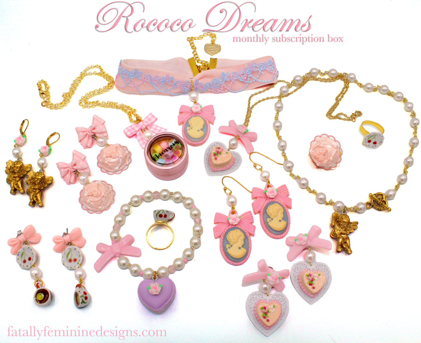 Rococo Dreams Marie Antoinette Inspired Jewelry Sets - Handmade Soft Girl Pink Necklace Ring Earrings - Fatally Feminine Designs