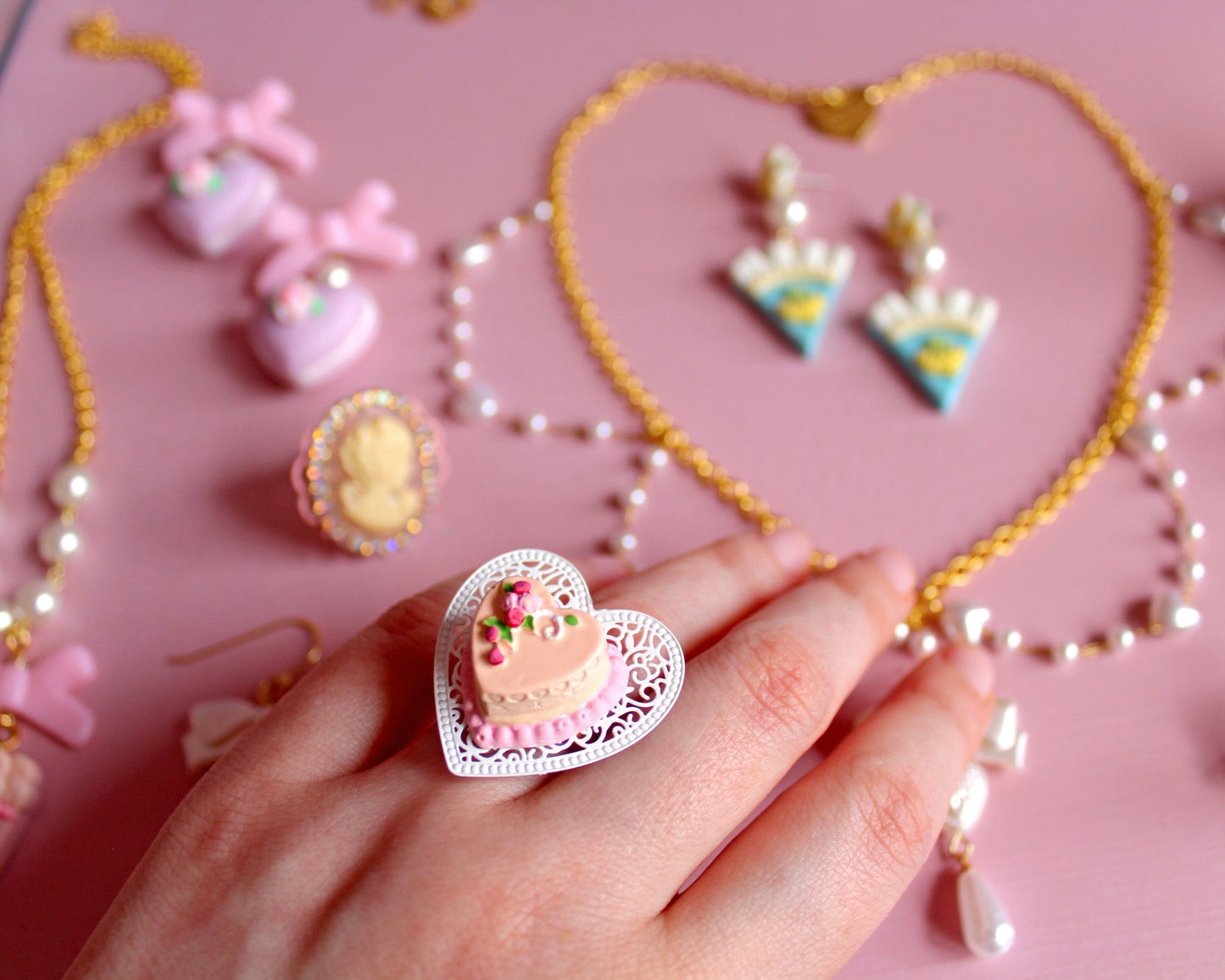 Rococo Dreams Marie Antoinette Inspired Jewelry Sets - Handmade Soft Girl Pink Necklace Ring Earrings - Fatally Feminine Designs