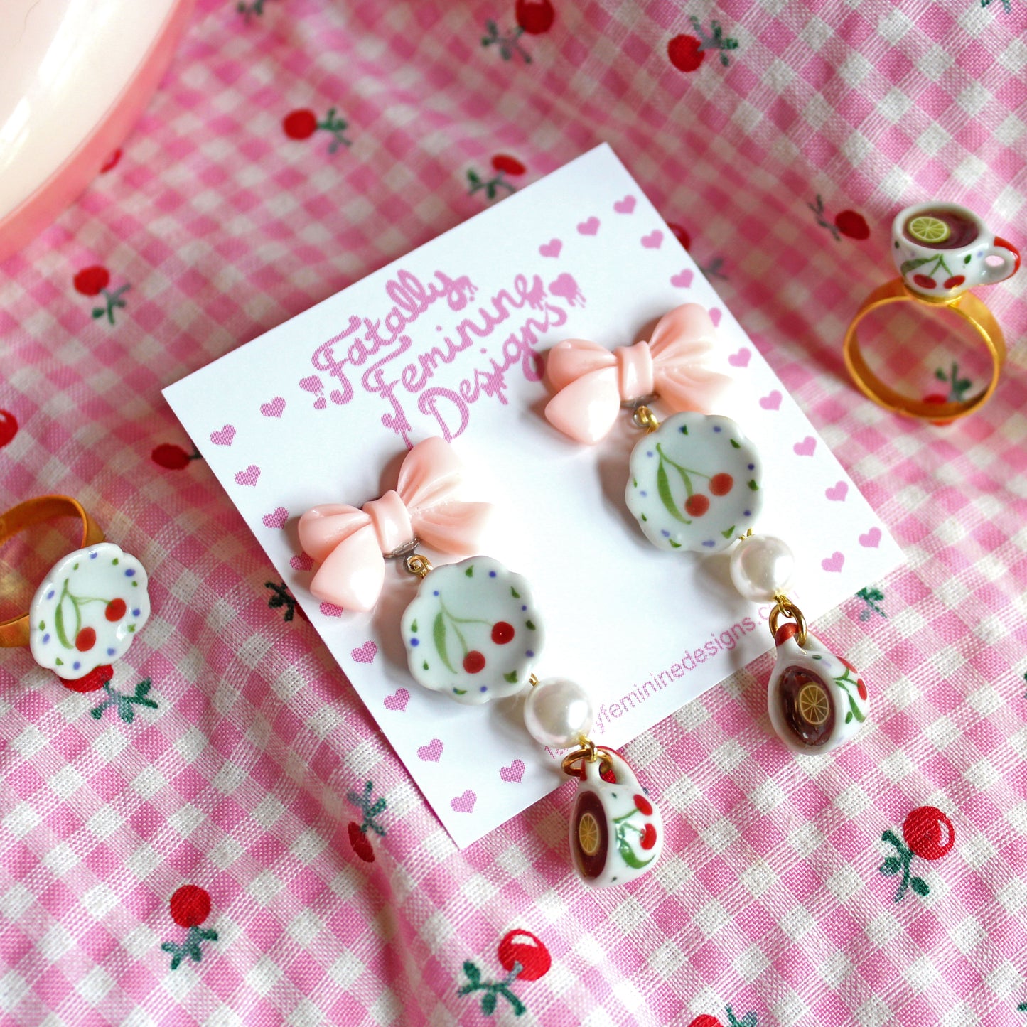Rococo Dreams Marie Antoinette Inspired Jewelry Sets - Handmade Soft Girl Pink Cherry Tea Cup Ring Earrings - Fatally Feminine Designs
